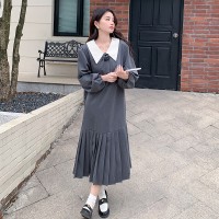 气质款手工胸花百褶下摆连衣裙708灰