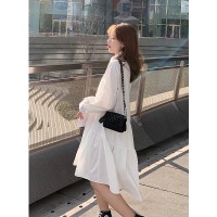 2024春季韩版不规则chic纯色长袖单排扣衬衫连衣裙小白裙