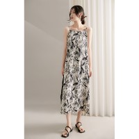 繁叶花丛南法阳光/高清印花+艺术压褶/甜美吊带连衣裙