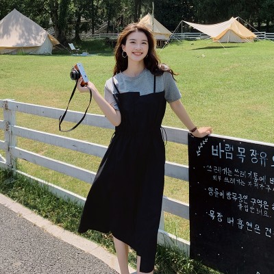 <!--现货夏季针织短袖假两件套连衣裙女062档口2314款-->