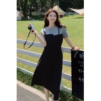 现货夏季针织短袖假两件套连衣裙女062档口2314款