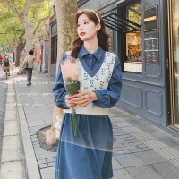 【2024现货】高级感两件套蓝色碎花马甲连衣裙