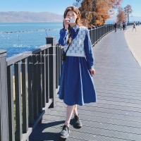 【2024现货】高级感两件套蓝色碎花马甲连衣裙