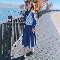 【2024现货】高级感两件套蓝色碎花马甲连衣裙