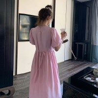现货夏季短款灯笼袖圆领粉色连衣裙女062档口2323款元