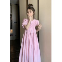 现货夏季短款灯笼袖圆领粉色连衣裙女062档口2323款元