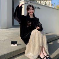 现货【2024】流苏金丝绒中式淑女连衣裙199