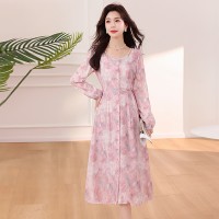 现货精修2024年春季新款女时尚潮流法式修身印花连衣裙