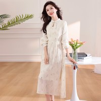 现货2024年春季女民族风盘扣领口修身显瘦气质法式连衣裙