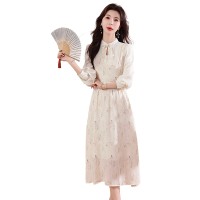 现货2024年春季女民族风盘扣领口修身显瘦气质法式连衣裙