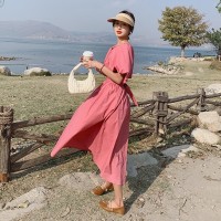 现货夏季短款灯笼袖圆领l露腰连衣裙女062档口2337款