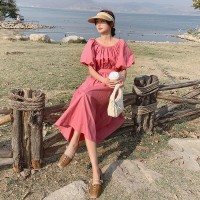 现货夏季短款灯笼袖圆领l露腰连衣裙女062档口2337款