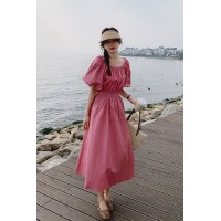 现货夏季短款灯笼袖圆领l露腰连衣裙女062档口2337款
