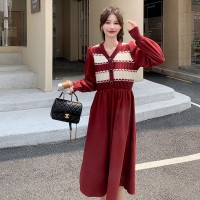 春款灯芯绒假两件连衣裙红色喜气199