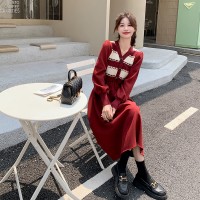 春款灯芯绒假两件连衣裙红色喜气199