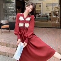 春款灯芯绒假两件连衣裙红色喜气199