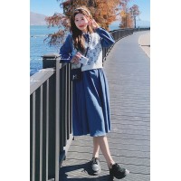 现货【2024】高级感两件套蓝色碎花马甲连衣裙