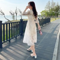 2024年夏季新款花边V领腰间抽绳修身中式连衣裙