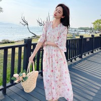 2024年夏季新款花边V领腰间抽绳修身中式连衣裙
