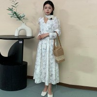 2024春夏新款时尚高级感V领长裙蝴蝶花印花长袖连衣裙