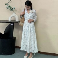 2024春夏新款时尚高级感V领长裙蝴蝶花印花长袖连衣裙