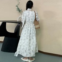 2024春夏新款时尚高级感V领长裙蝴蝶花印花长袖连衣裙