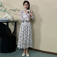 2024春夏新款时尚高级感V领长裙蝴蝶花印花长袖连衣裙