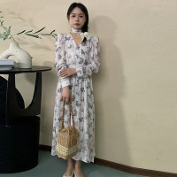 2024春夏新款时尚高级感V领长裙蝴蝶花印花长袖连衣裙