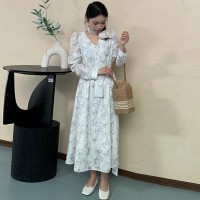 2024春夏新款时尚高级感V领长裙蝴蝶花印花长袖连衣裙