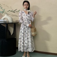 2024春夏新款时尚高级感V领长裙蝴蝶花印花长袖连衣裙
