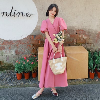 <!--现货高品质系带一片式泡泡袖连衣裙H826-->