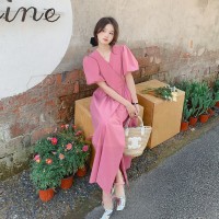现货高品质系带一片式泡泡袖连衣裙H826