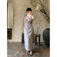 新中式竹子旗袍裙立领刺绣显瘦中长款提花连衣裙