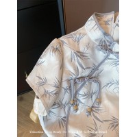 新中式竹影潇湘斜襟盘扣立领连衣裙女春夏风改良旗袍短裙子