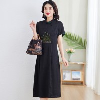 现货香云纱真丝连衣裙中老年女装裙子妈妈装薄款显瘦刺绣中长裙