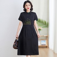 现货香云纱真丝连衣裙中老年女装裙子妈妈装薄款显瘦刺绣中长裙