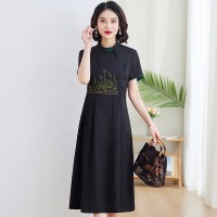 现货香云纱真丝连衣裙中老年女装裙子妈妈装薄款显瘦刺绣中长裙