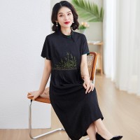 现货香云纱真丝连衣裙中老年女装裙子妈妈装薄款显瘦刺绣中长裙