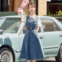 短袖印花牛仔连衣裙女2024夏季新款女装时尚新中式名族风气质裙子