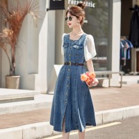 短袖印花牛仔连衣裙女2024夏季新款女装时尚新中式名族风气质裙子