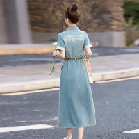 退现高级感绣花天丝棉牛仔连衣裙2024年新款夏天短袖小个子女裙子