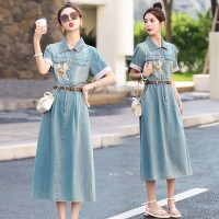 退现高级感绣花天丝棉牛仔连衣裙2024年新款夏天短袖小个子女裙子