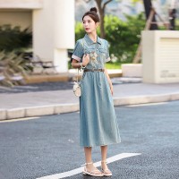 退现高级感绣花天丝棉牛仔连衣裙2024年新款夏天短袖小个子女裙子