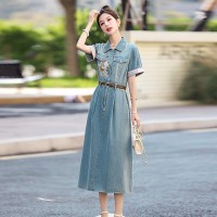 退现高级感绣花天丝棉牛仔连衣裙2024年新款夏天短袖小个子女裙子