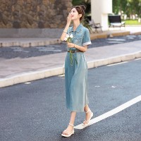 退现高级感绣花天丝棉牛仔连衣裙2024年新款夏天短袖小个子女裙子