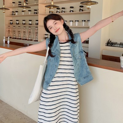 <!--现货连衣裙条纹背心裙马甲两件套长裙Y-->