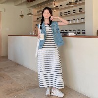 现货连衣裙条纹背心裙马甲两件套长裙Y