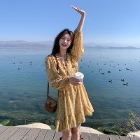 现货2112温柔系搭时尚森系碎花裙女春秋新款法式连衣裙