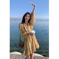 现货2112温柔系搭时尚森系碎花裙女春秋新款法式连衣裙