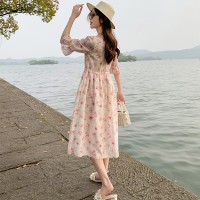 2024年夏季新款花边V领腰间抽绳修身中式连衣裙